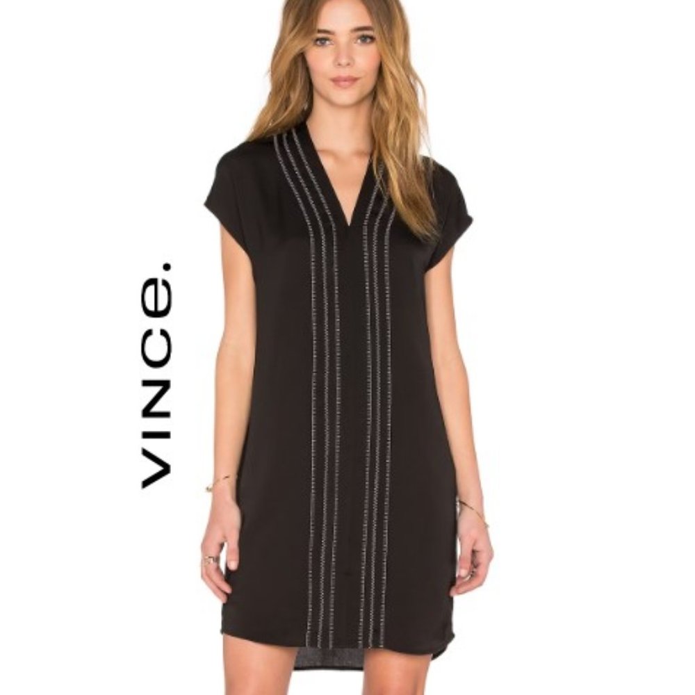 VINCE Black VEE Short Sleeve Caftan Embroidered Shift Dress